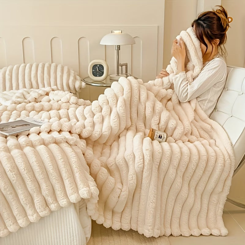 Woman wrapped in a fluffy beige blanket in a cozy bedroom setting.